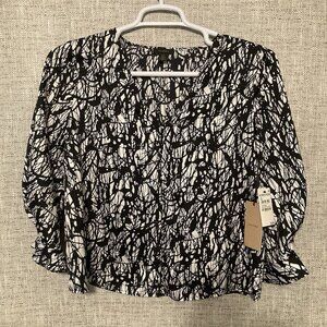 Halogen Shirt Womens Small Petite Black- White Paint Doodle 3/4 Sleeve. NWT.